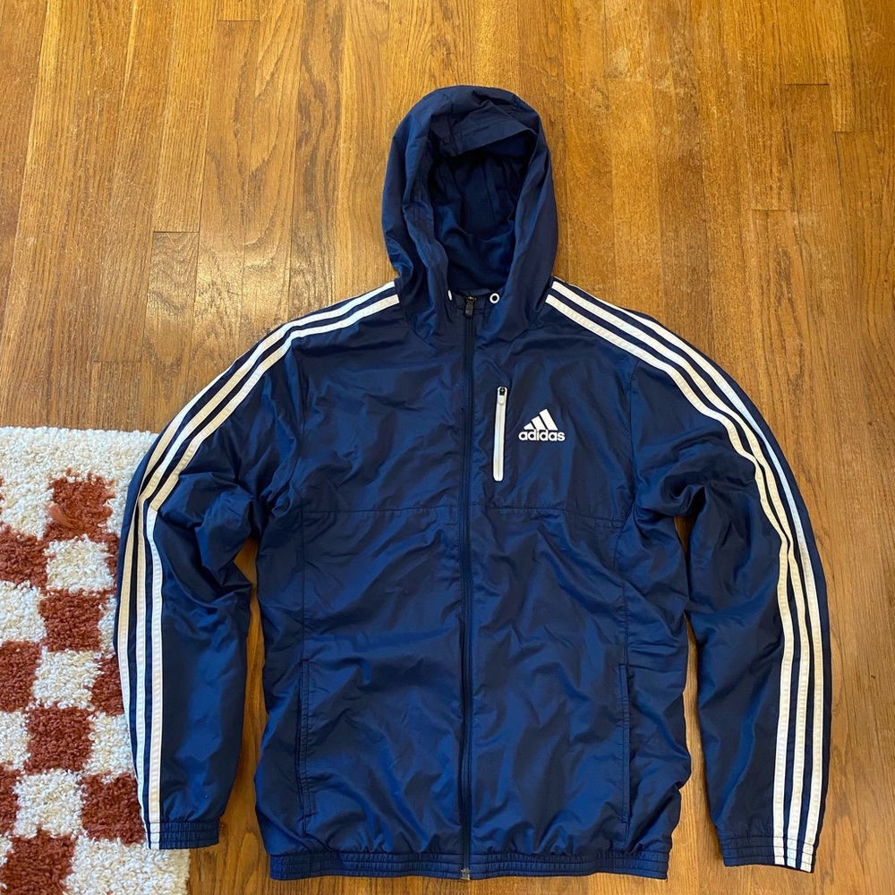 Adidas Blue Windbreaker with Classic Stripes